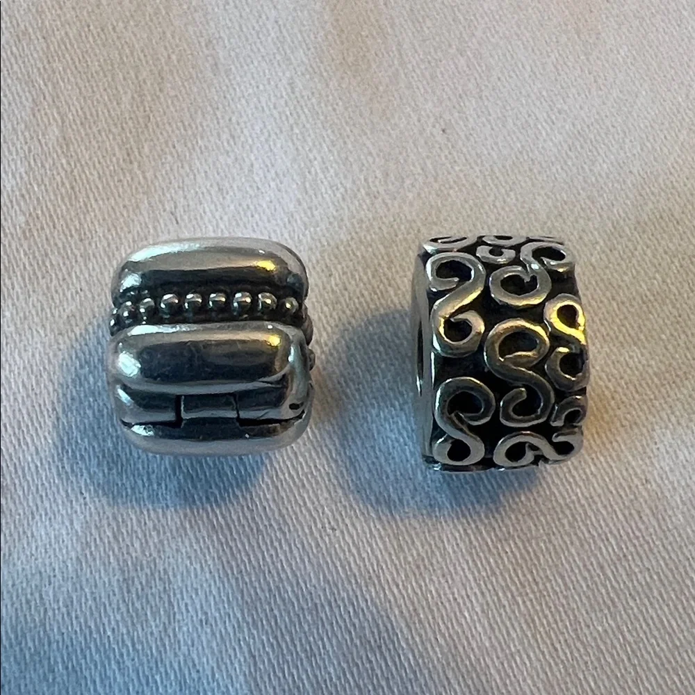 TWO Pandora Sterling Silver Clip Charms, Dots & Ridges, S Swirl, Retired - Picture 2 of 7